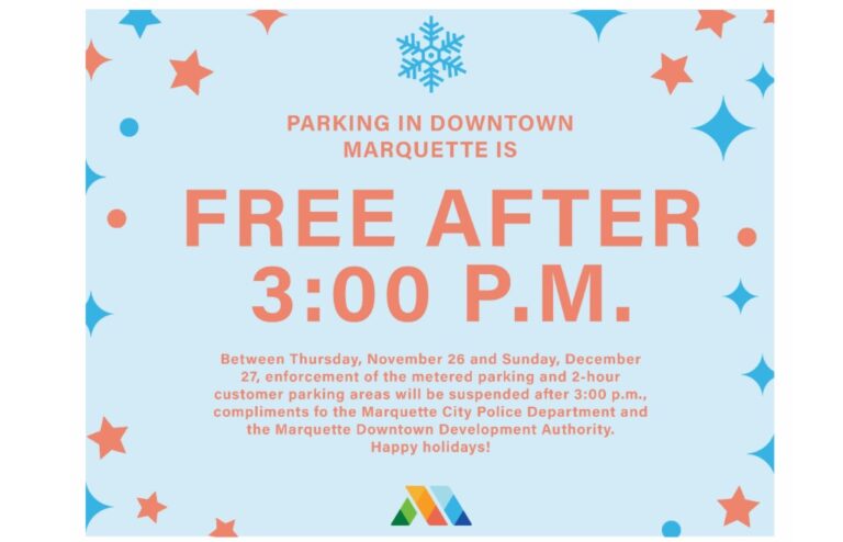 Complimentary Holiday Parking after 3:00 p.m. in Marquette’s Downtown District Starting November 26, 2020