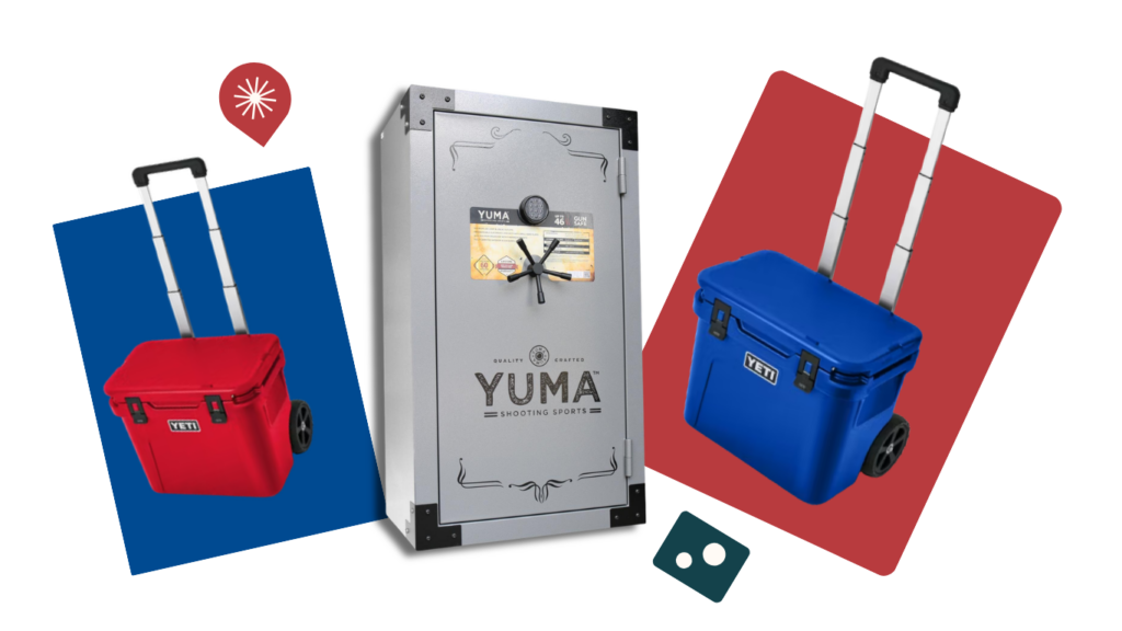 Raffle prize options including a YUMA gun safe, red and blue Yeti cooler for First Bank Customer Appreciation day raffle giveaway