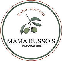 mama russos logo Round logo for Mama Russo's Italian Cuisine featuring a line drawing of an olive branch inside a circle, with the words "Hand Crafted" above and "Mama Russo's Italian Cuisine" below.